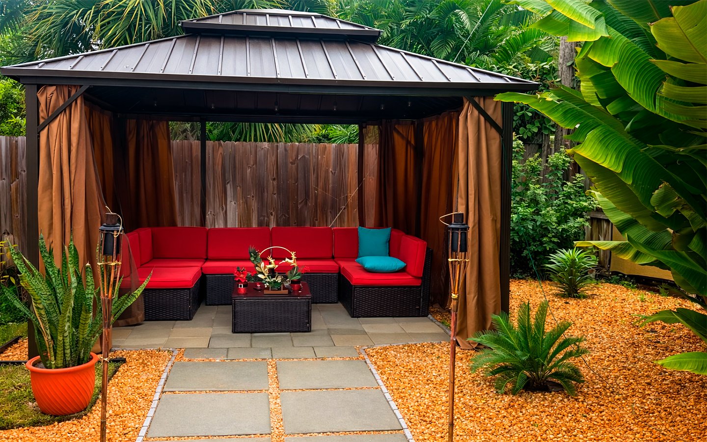 A cozy outdoor lounge designed for conversation and connection.