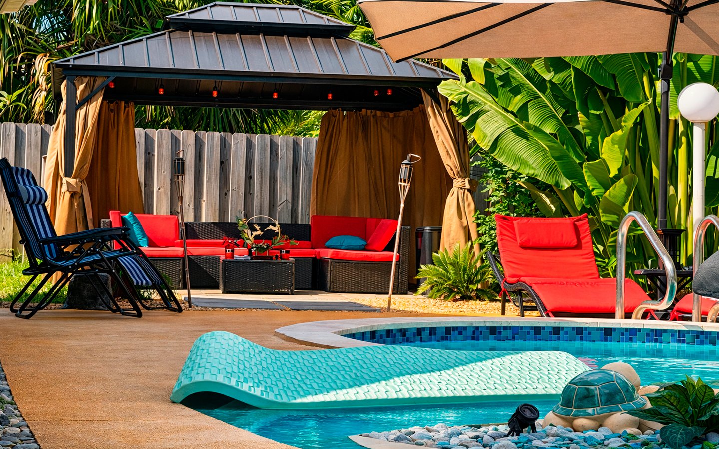 Relax poolside or unwind in our shaded lounge area.