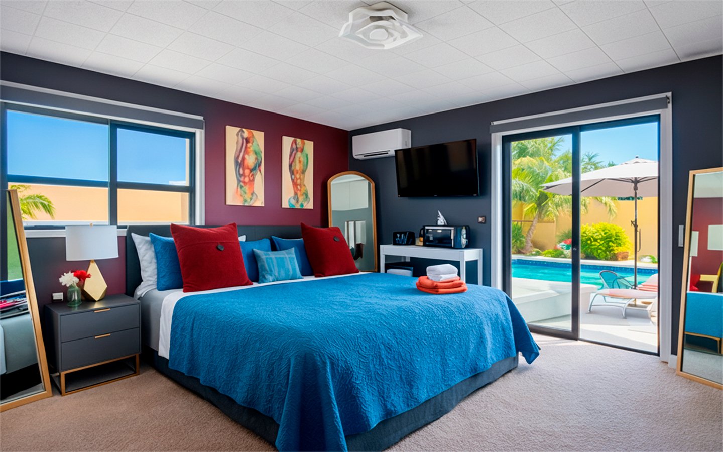 Stylish sleeping area in The Red Room, featuring a queen bed, rich red tones, modern artwork, and layered textures for a refined boutique feel.